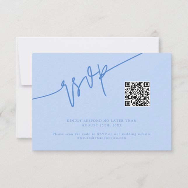 Hand Written Script Icy Blue Wedding QR Code RSVP Card (Front)