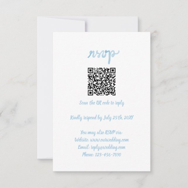 Hand Written Simple Whimsical Light Blue QR Code RSVP Card (Front)