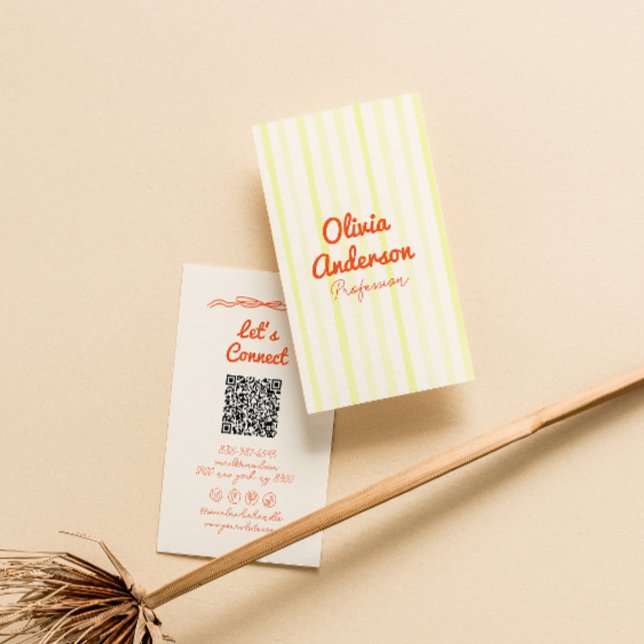 Hand Written Yellow Orange Stripes Boho QR Code Business Card (Creator Uploaded)