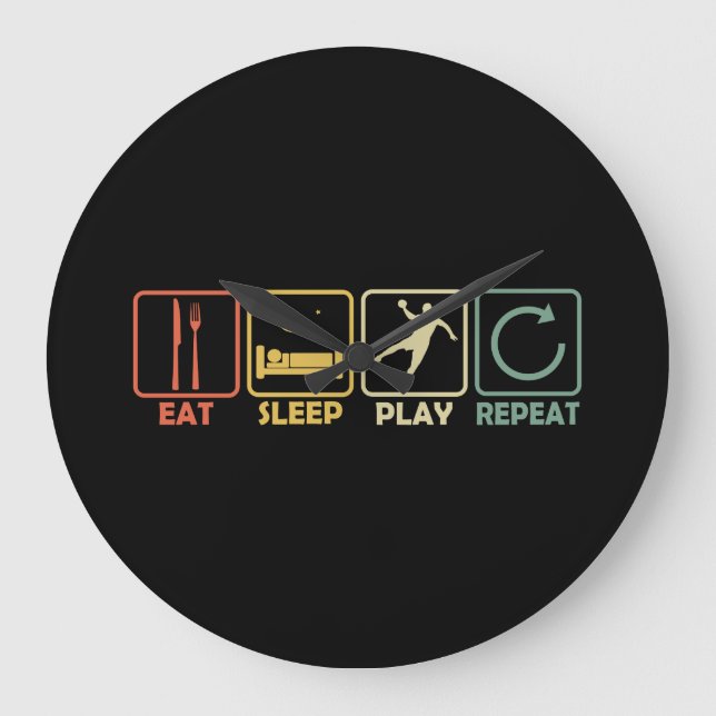 Handball Player Circle Runner Eat Sleep Retro Large Clock (Front)