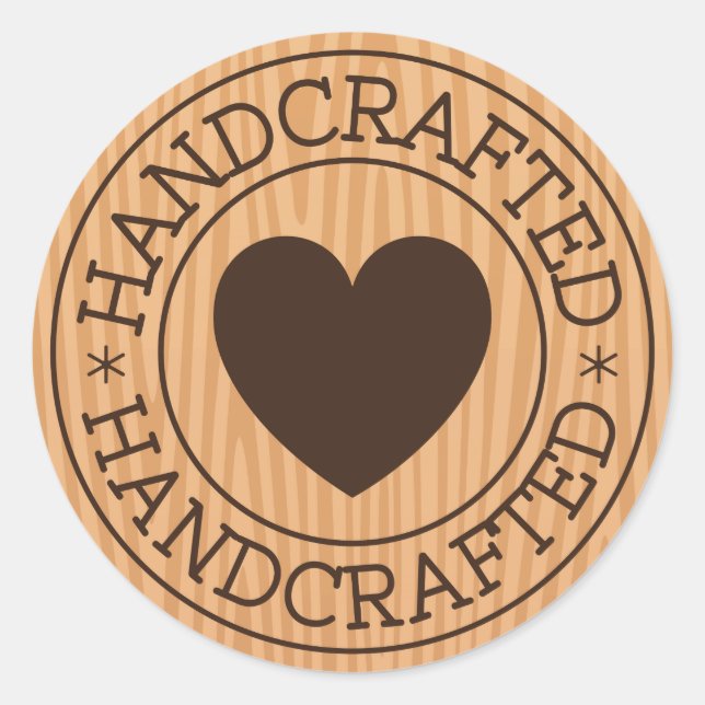 Handcrafted, brown stamp with heart on wood design classic round sticker (Front)
