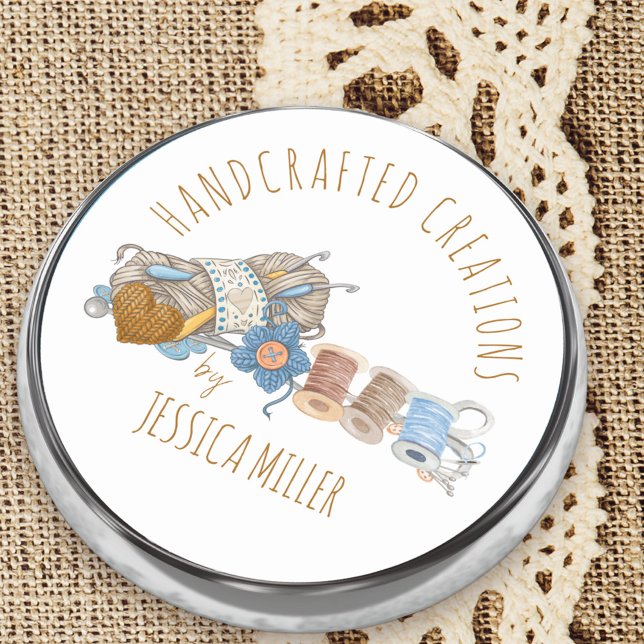 Handcrafted Creations by | Yarn and Sewing White Classic Round Sticker (Handcrafted Creations labels ideal for handmade, sewing, knitted or crochet items)