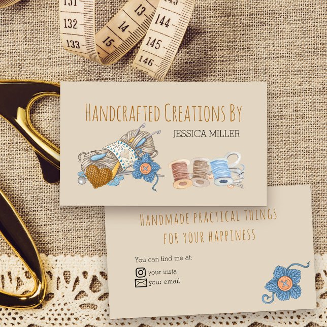 Handcrafted Creations Yarn Sewing Vintage Cream Business Card (Handmade Creations Business Card - ideal for crafts inc. sewing, crochet, knitting ..)
