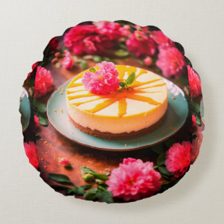 Handcrafted Floral Print Cake Round Pillow. Cushion