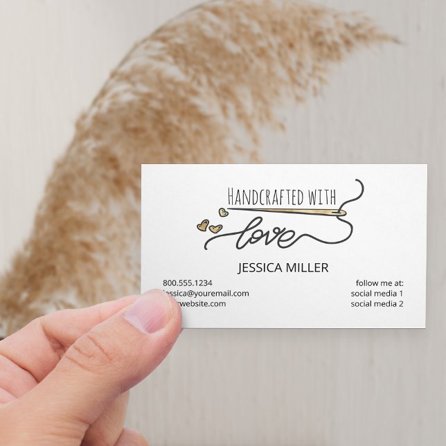 Handcrafted Gold Sewing Needle White One Sided Business Card (Horizontal Business Card with gold needle and love hearts)