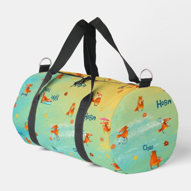 Handcrafted Watercolor Illustration Funny Fox Duffle Bag (Left Corner)
