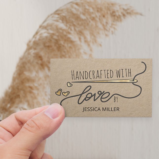 Handcrafted with Love Gold Sewing Needle Kraft Business Card (Horizontal Business Card with gold needle and hearts on kraft)