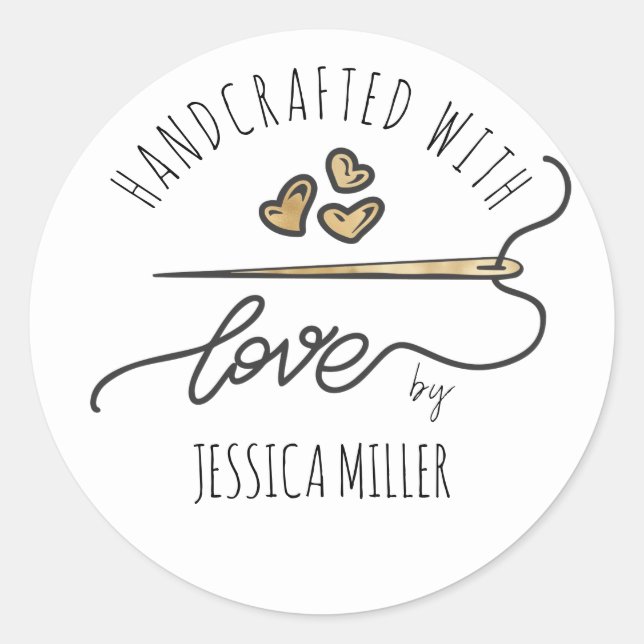 Handcrafted with Love Gold Sewing Needle White Classic Round Sticker (Front)