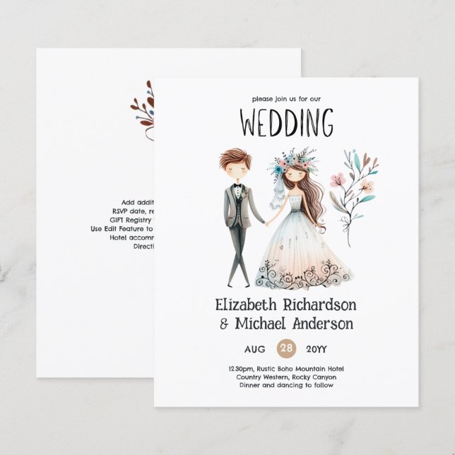 Handdrawn Boho Bride Groom Cute  Wedding Invites (Front/Back)