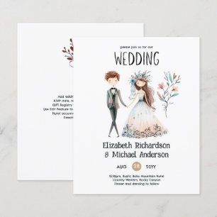 Handdrawn Boho Bride Groom Cute  Wedding Invites