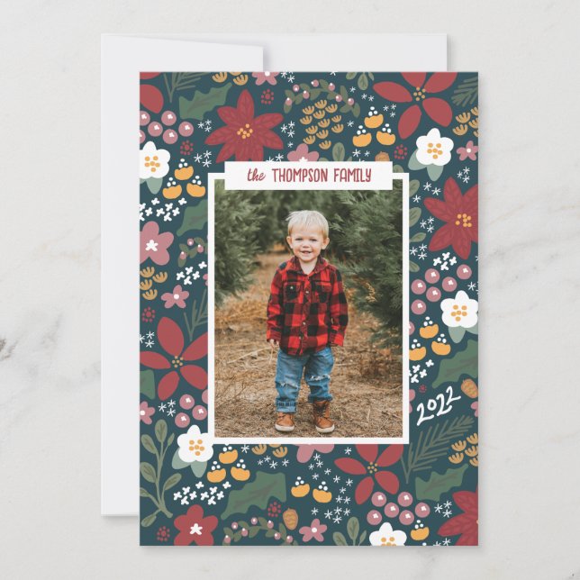 Handdrawn Bold Christmas Floral Holiday Photo Card (Front)