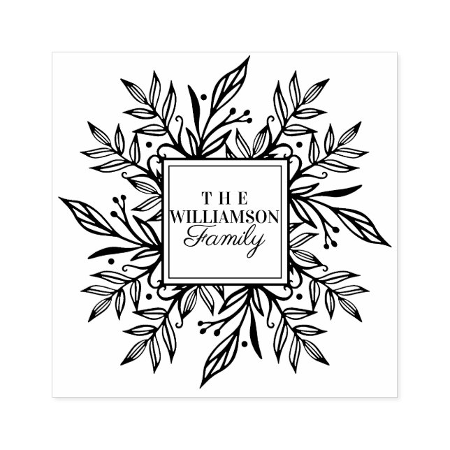Handdrawn Botanical Flourishing Wreath Family Name Rubber Stamp (Imprint)