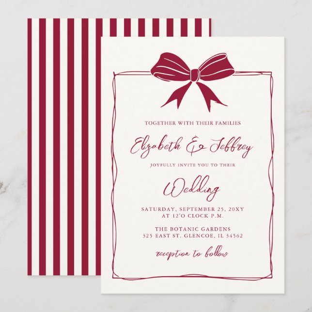 Handdrawn Bow Coquette Modern Chic Wedding Invitation (Front/Back)