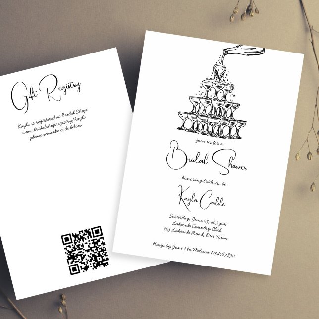 Handdrawn champagne tower minimalist bridal shower invitation (Hand drawn champagne tower minimalist black and white bridal shower invitation template digital)