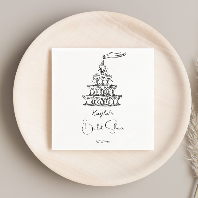 Handdrawn champagne tower minimalist bridal shower napkin (Hand drawn champagne tower sketch minimalist black and white bridal shower napkins table decor)