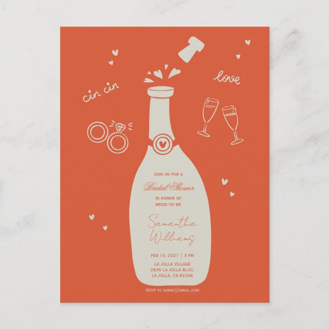 Handdrawn Champaign Bridal Shower Invitation  Post Postcard (Front)