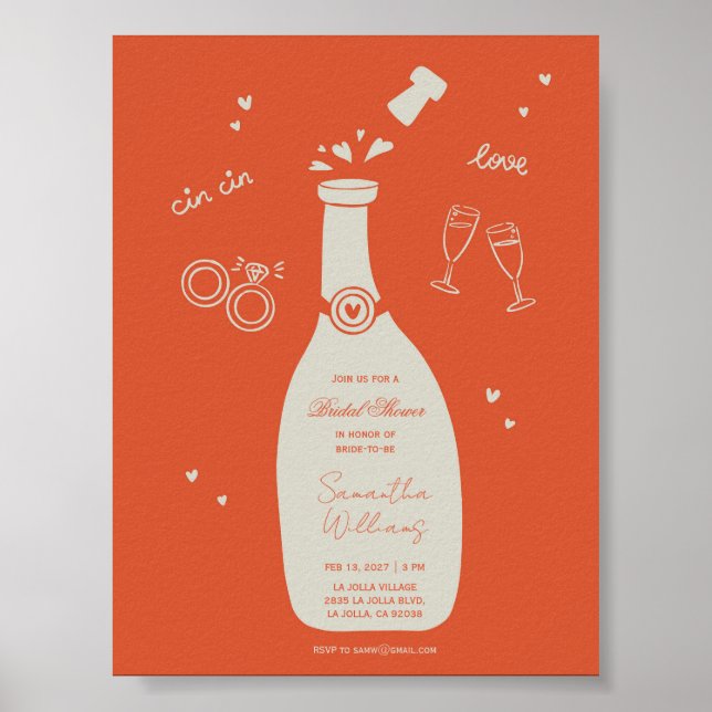 Handdrawn Champaign Bridal Shower Invitation  Poster (Front)