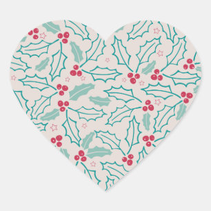 Handdrawn Christmas Holly Berries Red Green White Heart Sticker