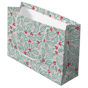 Handdrawn Christmas Holly Berries Red Green White Large Gift Bag