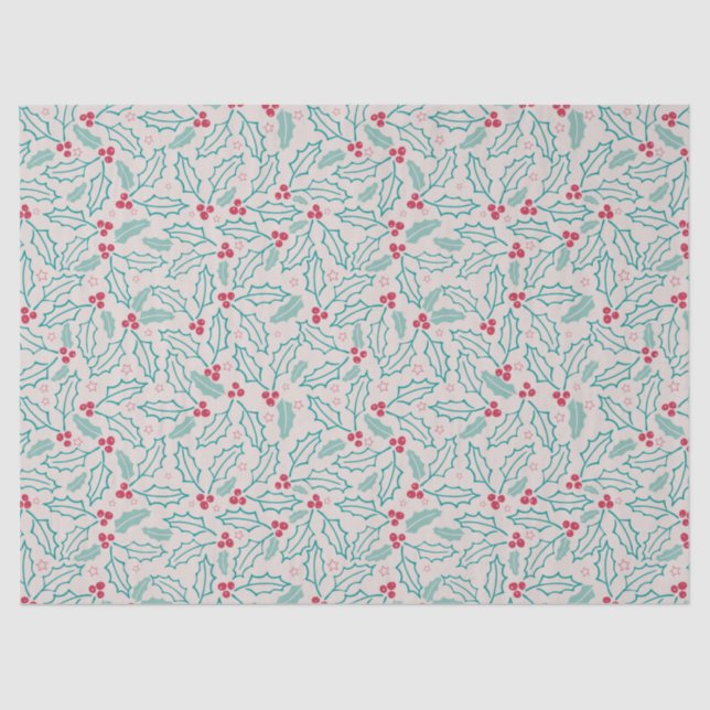 Handdrawn Christmas Holly Berries Red Green White Tissue Paper (Front)