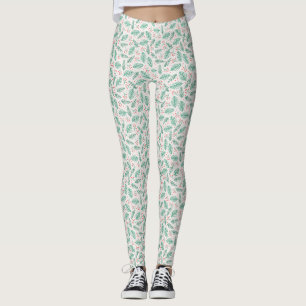 Handdrawn Christmas Pine Branches Green Red Leggings