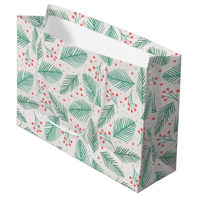 Handdrawn Christmas Pine Branches Green Red White Large Gift Bag (Front Angled)