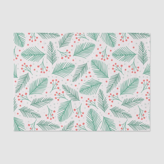 Handdrawn Christmas Pine Branches Green Red White Tissue Paper (Front)