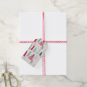 Handdrawn Christmas Trees Evergreen Pine Red Green Gift Tags