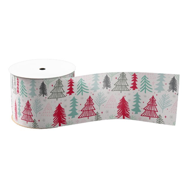 Handdrawn Christmas Trees Evergreen Pine Red Green Grosgrain Ribbon (Spool)