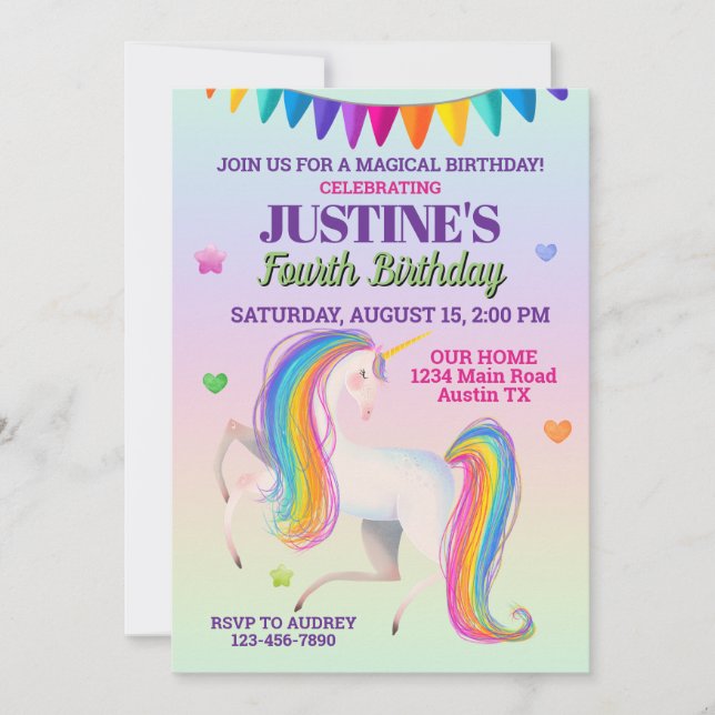 Handdrawn Colourful Magical Unicorn Birthday Invitation (Front)