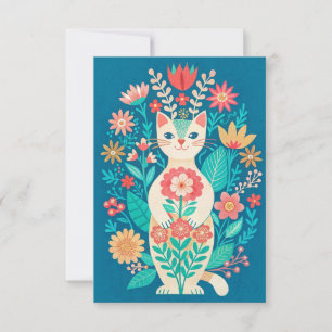Handdrawn cute folk art cat and flowers thank you card