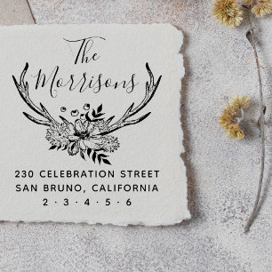 Handdrawn Floral Antlers Custom Return Address Self-inking Stamp