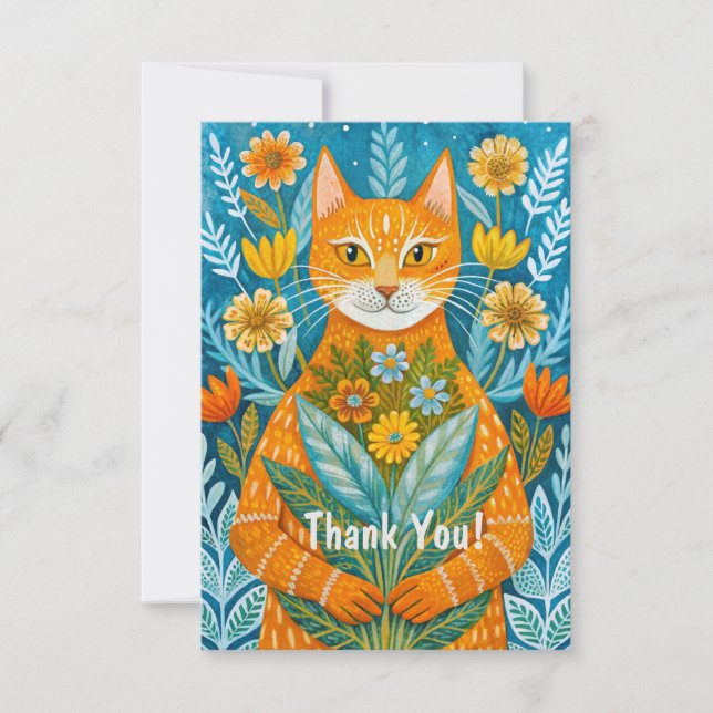 Handdrawn ginger cat and flowers thank you card (Front)