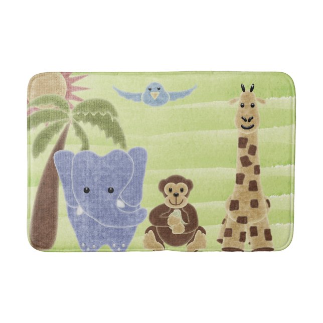 Handdrawn Handpainted Cute Safari Animals Bath Mat (Front)
