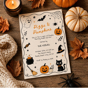 Handdrawn Pizza & Pumpkins Painting Halloween Invitation