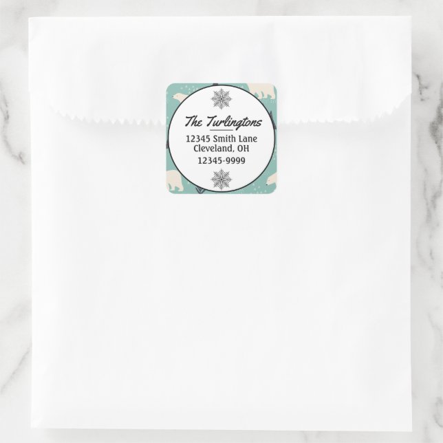Handdrawn Polar Bears Evergreen Return Address Square Sticker (Bag)