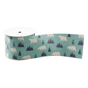 Handdrawn Polar Bears Evergreen Trees in the Snow Grosgrain Ribbon