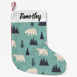 Handdrawn Polar Bears Evergreen Trees in the Snow Small Christmas Stocking