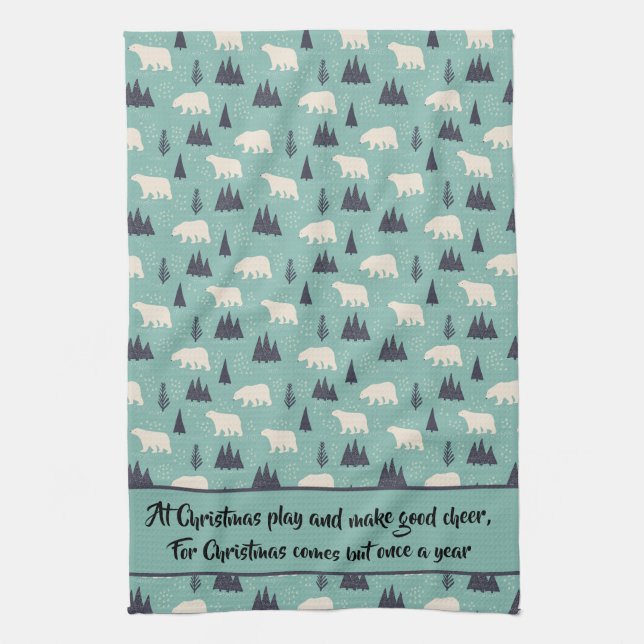 Handdrawn Polar Bears Evergreen Trees in the Snow Tea Towel (Vertical)