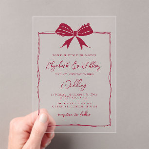 Handdrawn Red Bow Coquette Modern Chic Wedding Acrylic Invitations