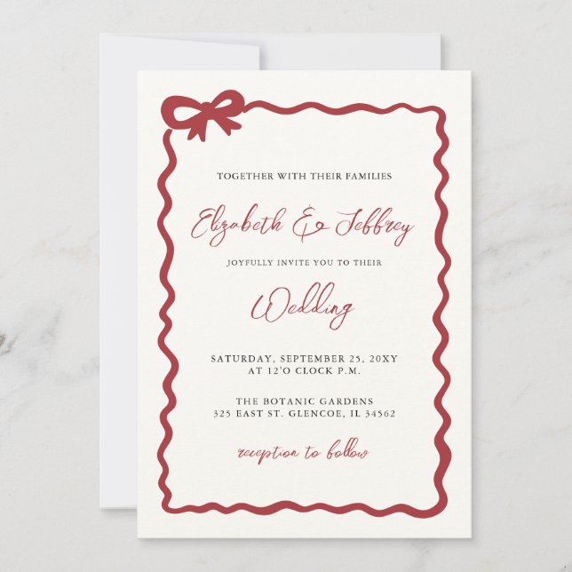 Handdrawn Red Bow Coquette Modern Chic Wedding Invitation (Front)