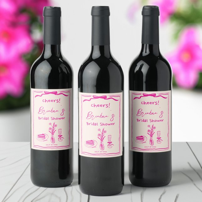 Handdrawn scribble retro pink ribbon bridal shower wine label (Handdrawn scribble retro pink ribbon bridal shower wine label handwriting simple minimalist )