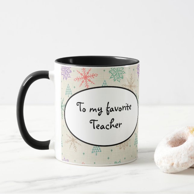Handdrawn Snowflakes Christmas Trees Multicolor Mug (With Donut)