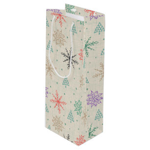 Handdrawn Snowflakes Christmas Trees Multicolor Wine Gift Bag