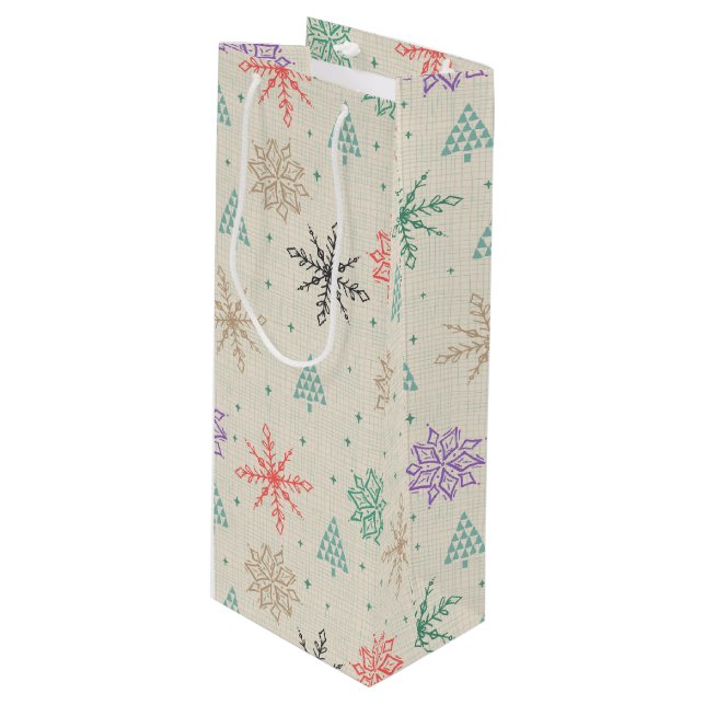 Handdrawn Snowflakes Christmas Trees Multicolor Wine Gift Bag (Front Angled)