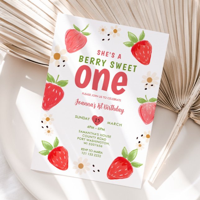 Handdrawn Strawberry Sweet One Berry 1st Birthday  Invitation (Creator Uploaded)