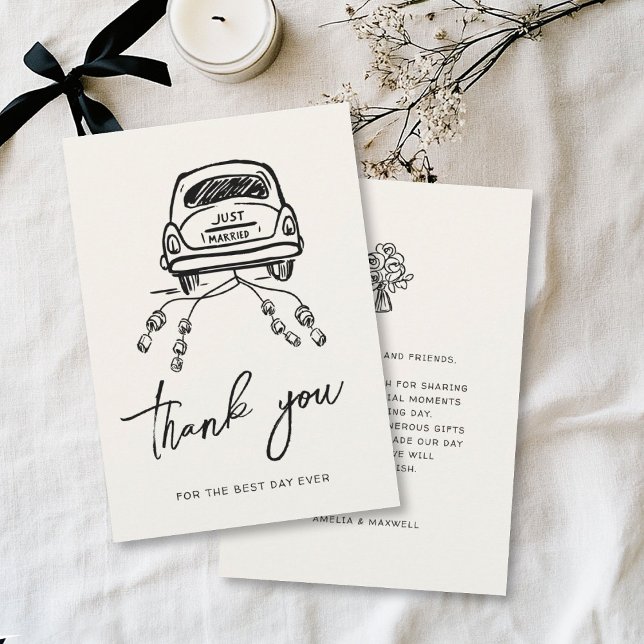 Handdrawn Trendy Wedding Car Script Whimsical Thank You Card (Creator Uploaded)