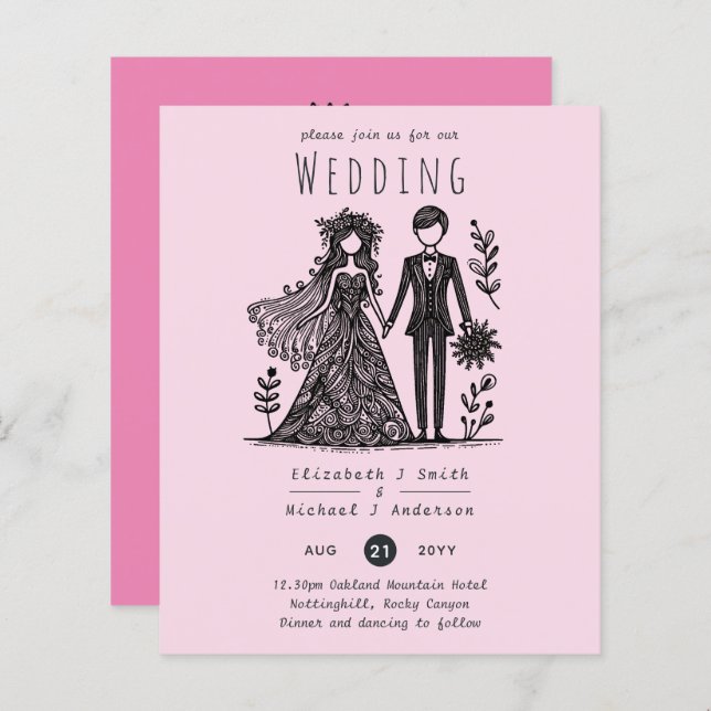 Handdrawn Wedding Cartoon Bride Groom Pink (Front/Back)
