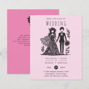 Handdrawn Wedding Cartoon Bride Groom Pink