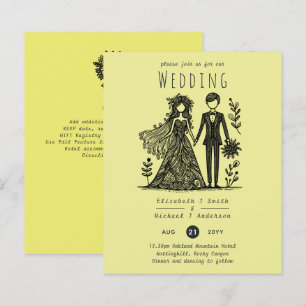 Handdrawn Wedding Cartoon Bride Groom Yellow